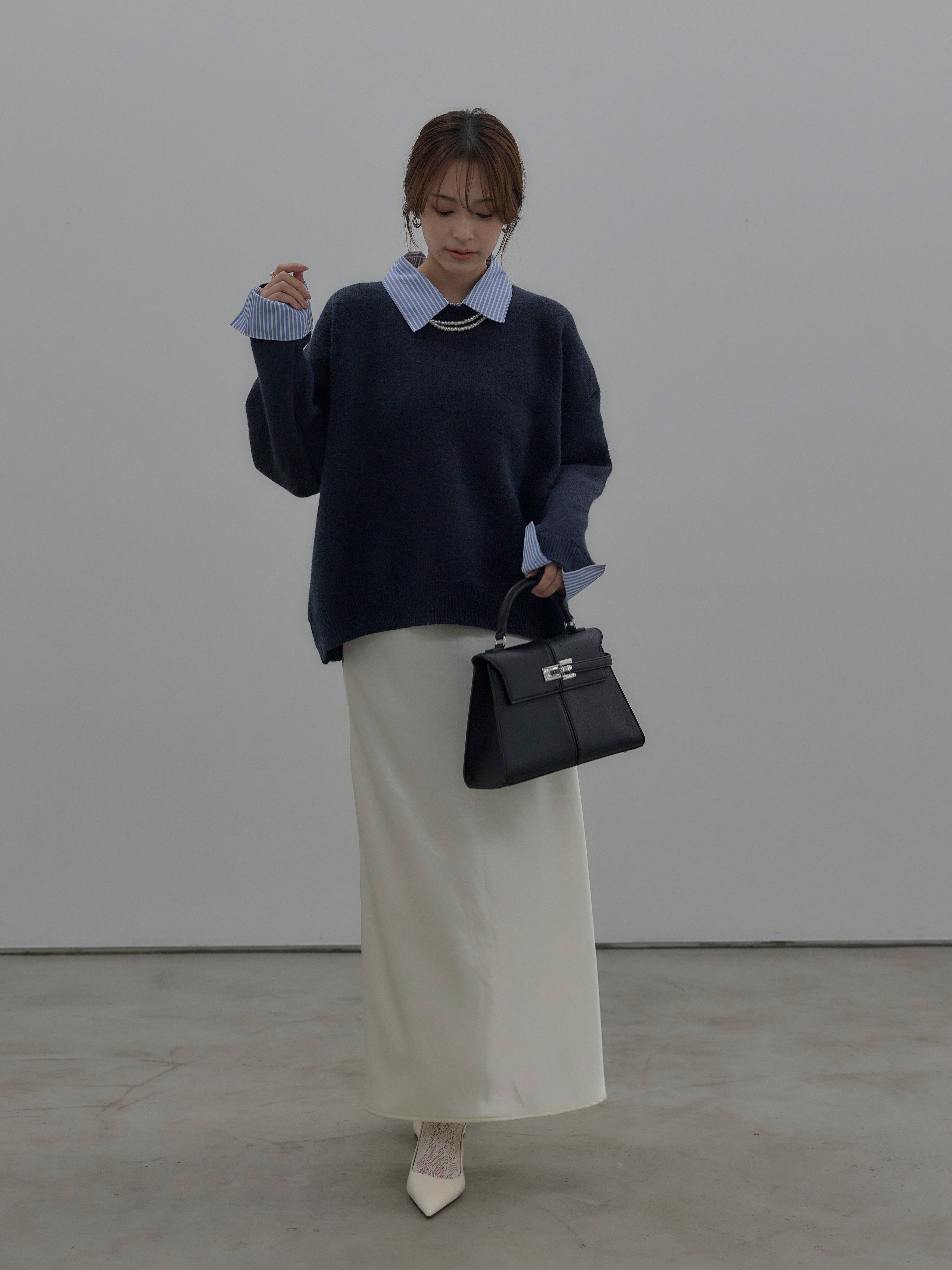 SET】シャツドッキング肉厚ニットプルオーバー+ナローAラインサテン
