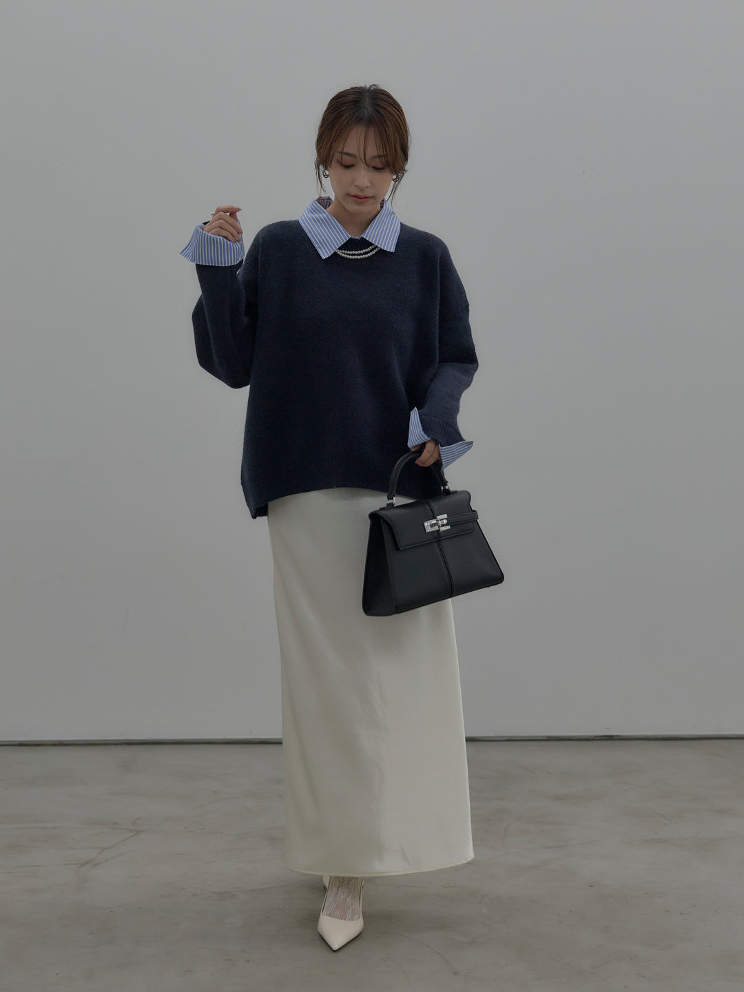 【SET】シャツドッキング肉厚ニットプルオーバー+ナローAラインサテンスカート(2set)