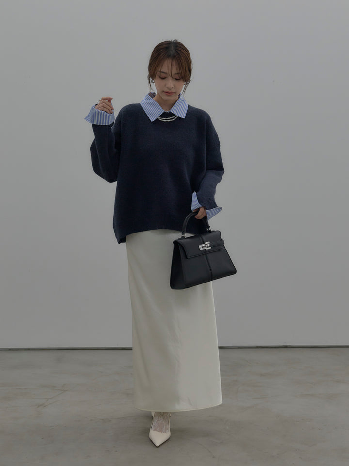 【SET】シャツドッキング肉厚ニットプルオーバー+ナローAラインサテンスカート(2set)