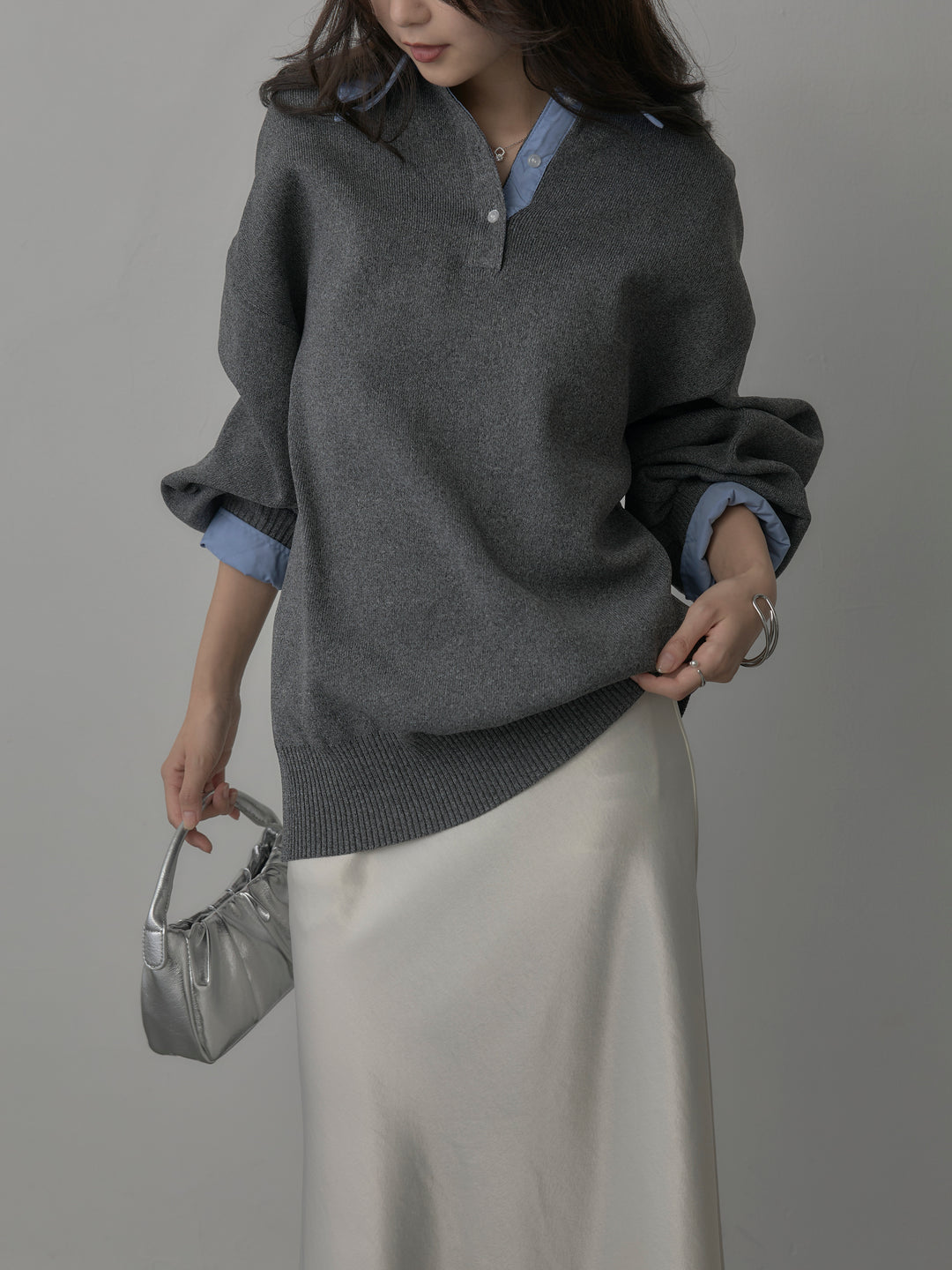 【SET】襟付きポロトップス+ナローAラインサテンスカート(2set)