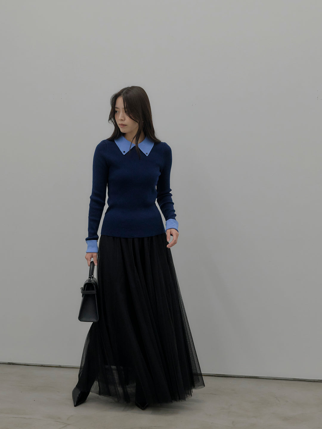 【SET】配色カフスニットポロ+ボリュームチュールスカート(2set)