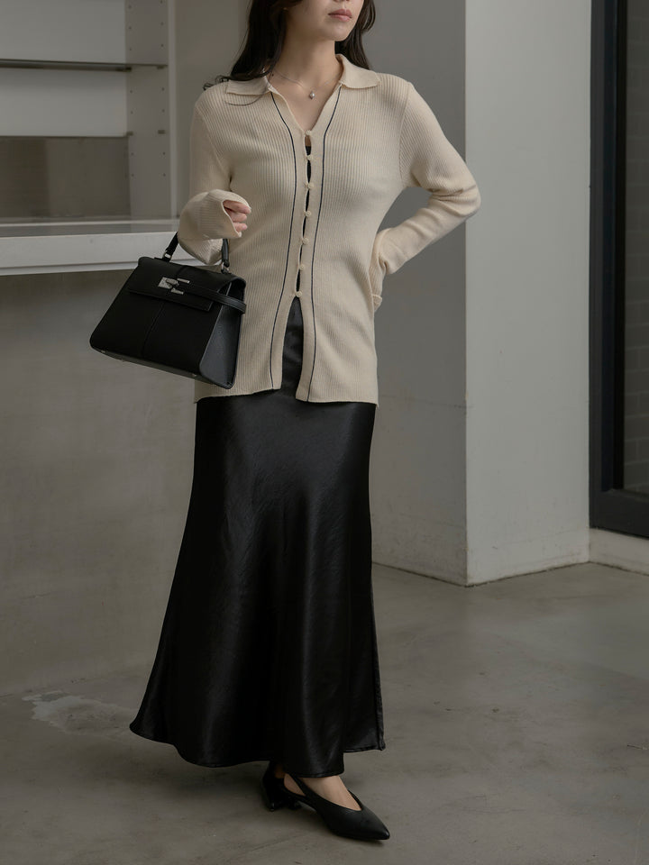 【SET】リブ配色ラインポロニットカーディガン+ナローAラインサテンスカート(2set)
