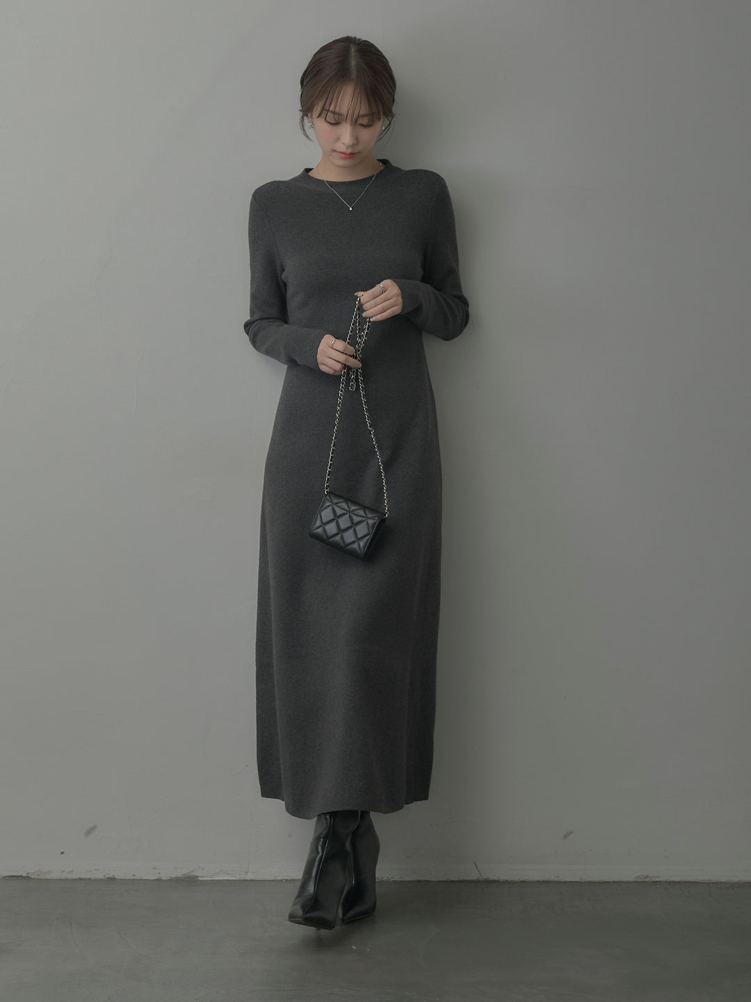 バックリボンニットロングワンピース