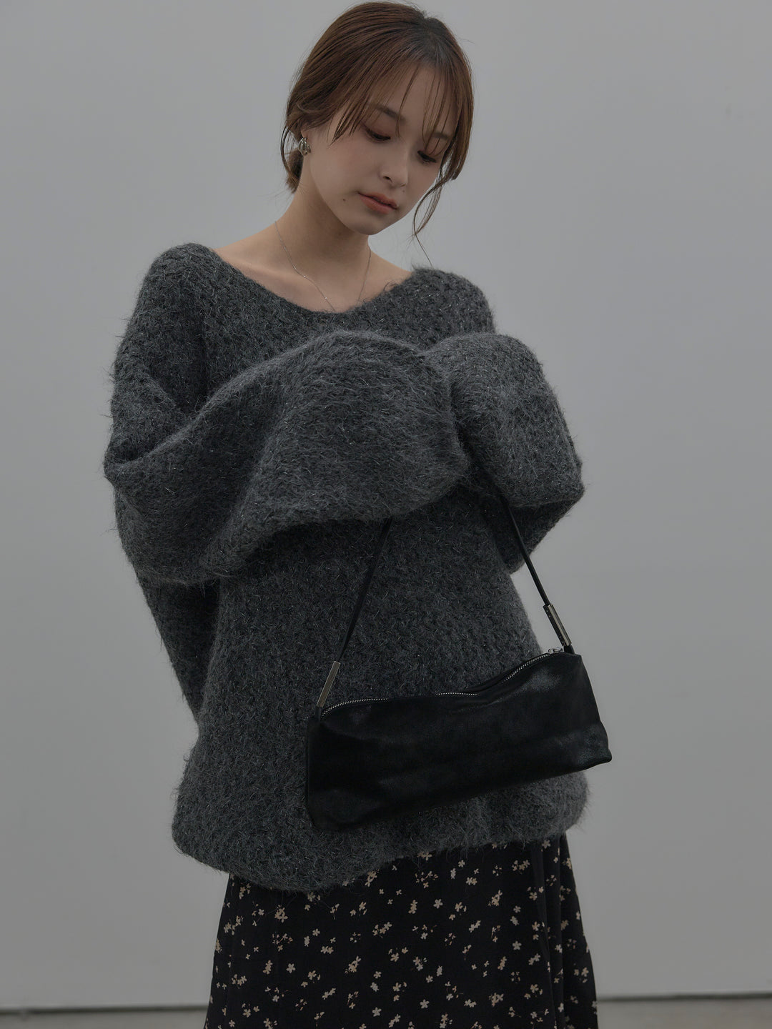 【SET】ラメ糸ローゲージ編みオーバーニットトップス+フラワーパターンマーメイドフレアスカート(2set)