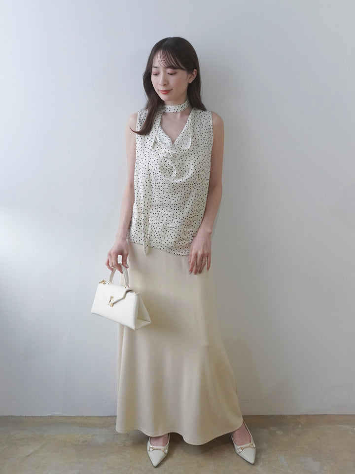 【SET】ランダムドットドレープノースリトップス(タイ付き)+ポンチフレアスカート(2set)