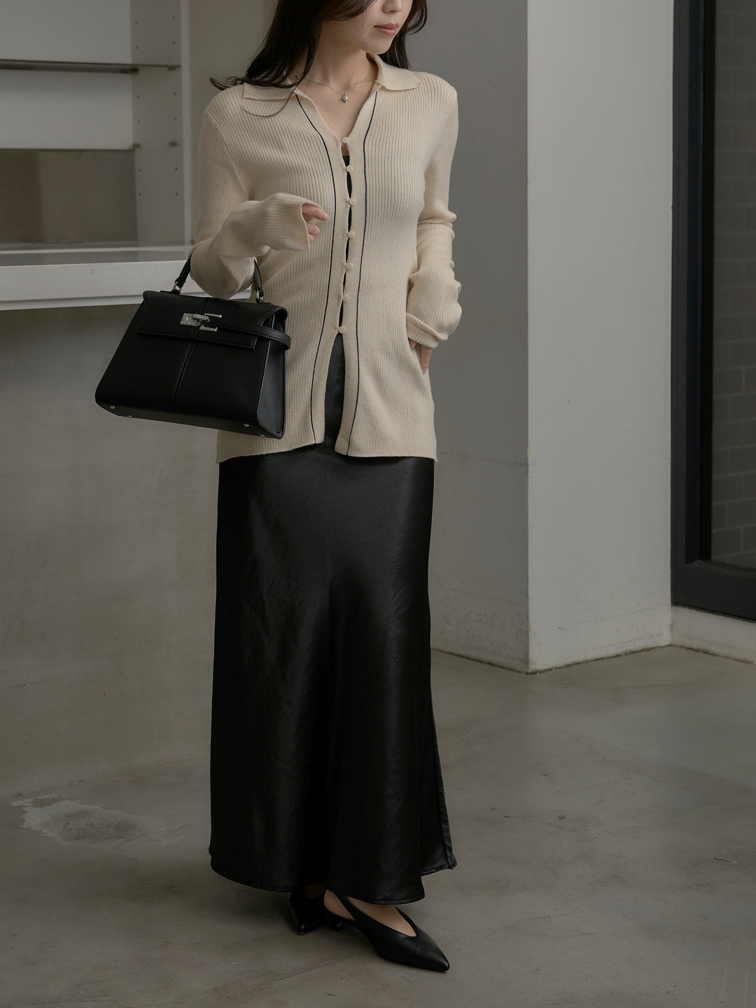 【SET】リブ配色ラインポロニットカーディガン+ナローAラインサテンスカート(2set)