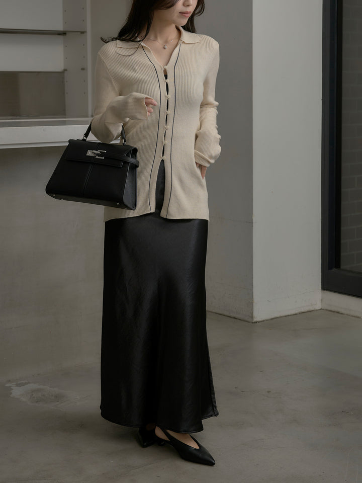 【SET】リブ配色ラインポロニットカーディガン+ナローAラインサテンスカート(2set)