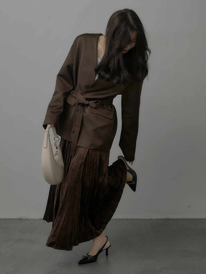 【SET】ノーカラーサテンジャケット+ベロアワッシャープリーツスカート(2set)