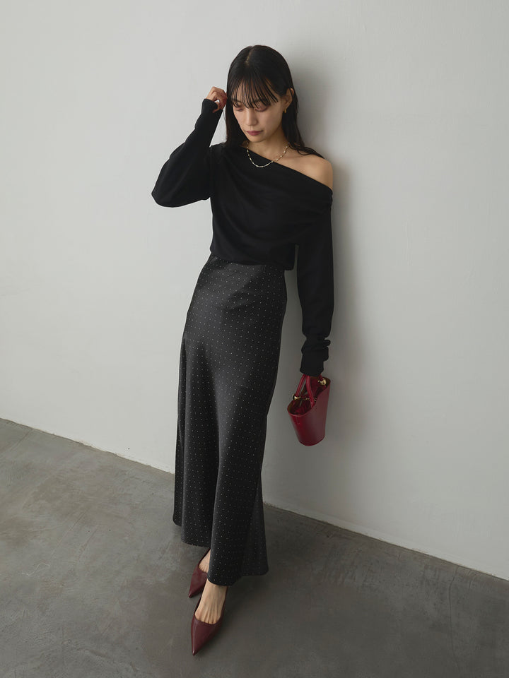 【SET】【Essential】2wayショルダードレープカットトップス+ドットサテンスカート(2set)