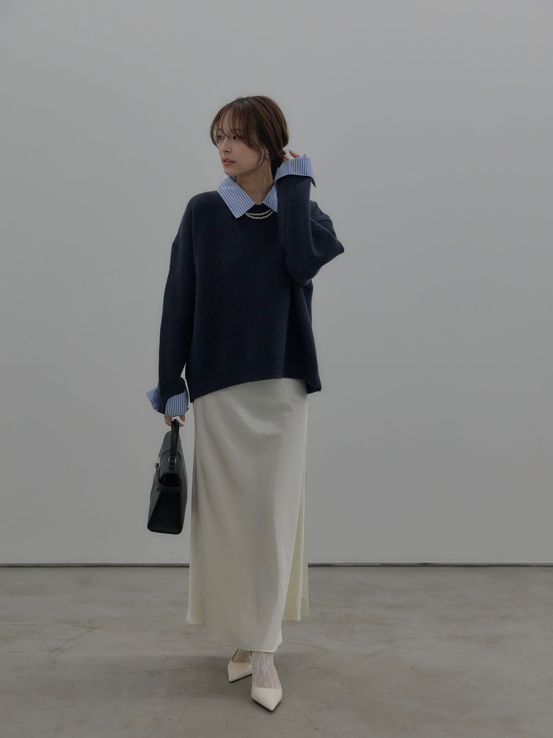 【SET】シャツドッキング肉厚ニットプルオーバー+ナローAラインサテンスカート(2set)