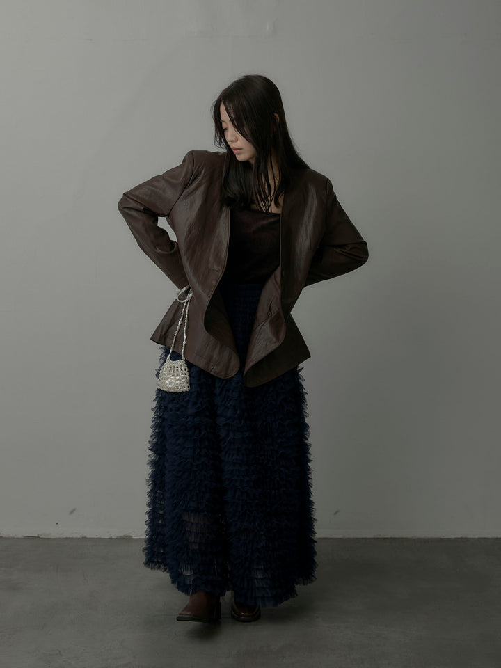 【SET】レザーノーカラージャケット+ドラマチックフリルチュールスカート(2set)