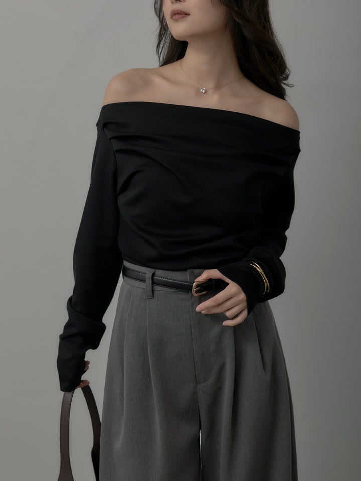 【SET】【Essential】2wayショルダードレープカットトップス+【Essential】３タックスラックス(2set)