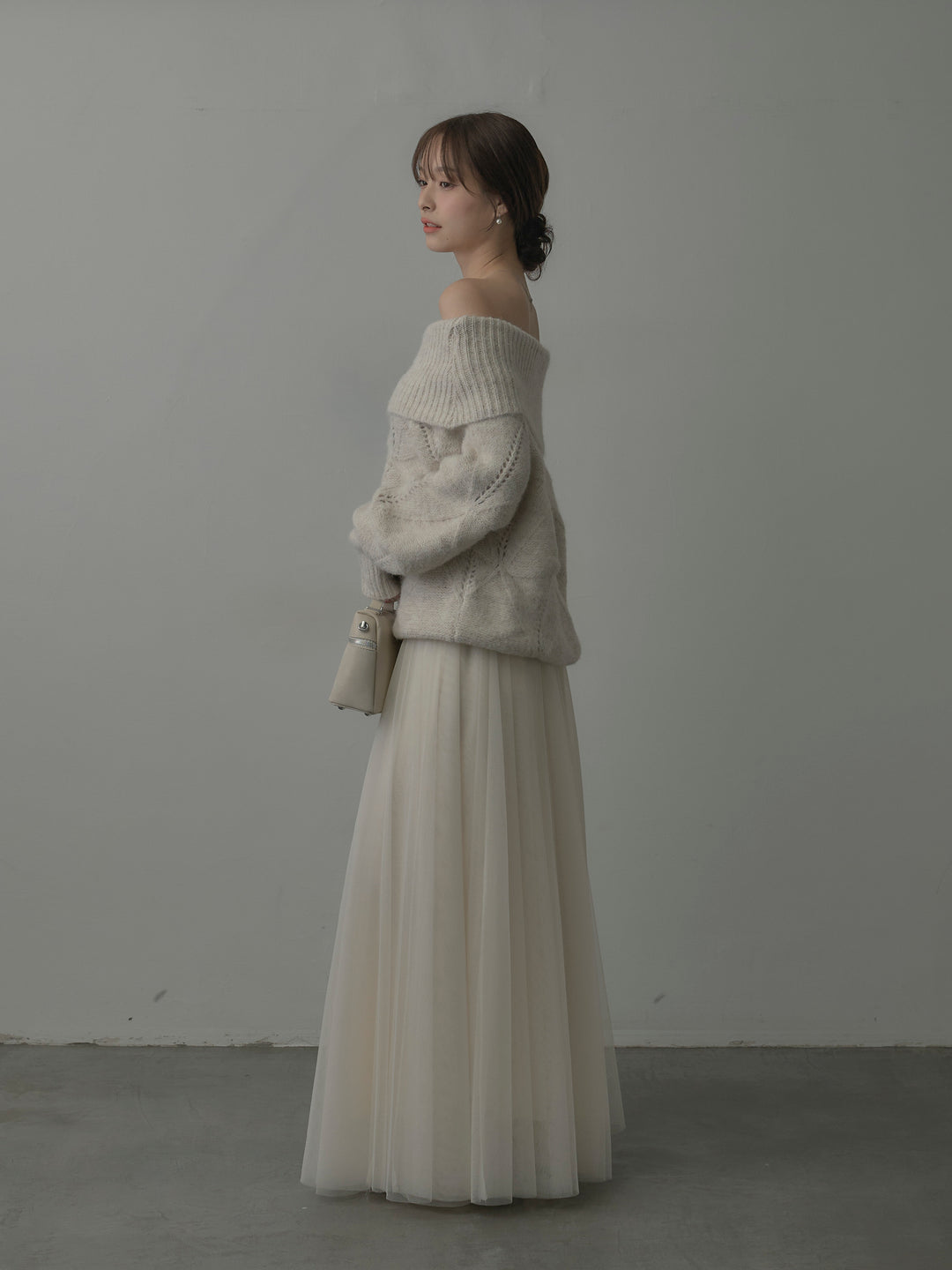 【SET】メランジニットオフショルトップス+ボリュームチュールスカート(2set)