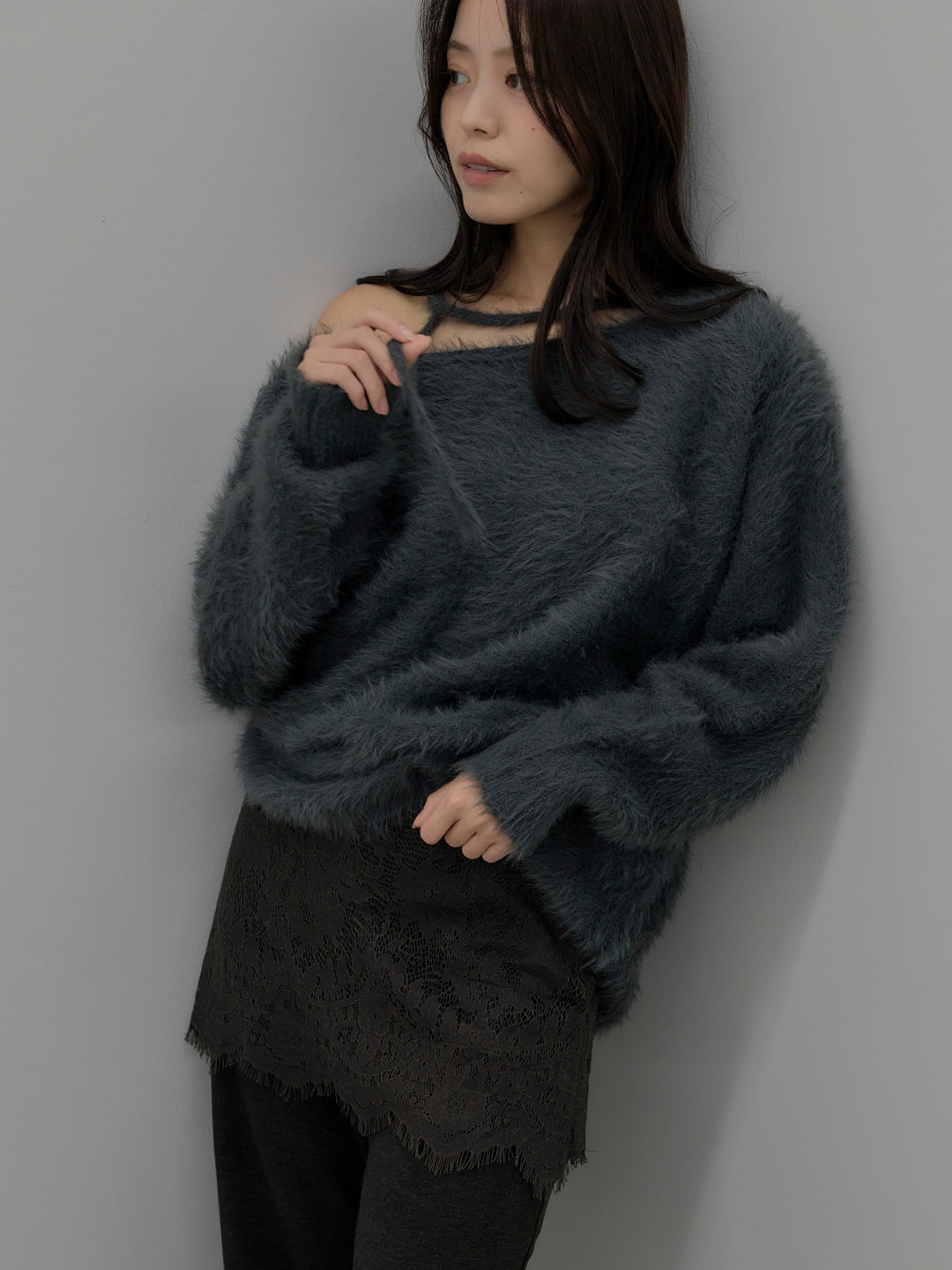 【SET】ネックリボンワンショルダーシャギーニット+レースレイヤードセミフレアパンツ(2set)