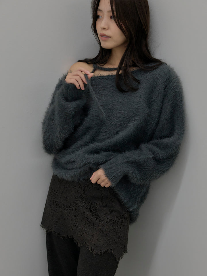 【SET】ネックリボンワンショルダーシャギーニット+レースレイヤードセミフレアパンツ(2set)