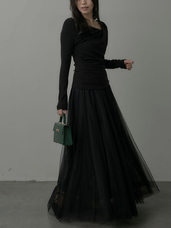 【SET】ドレープデザイントップス+ボリュームチュールスカート(2set)