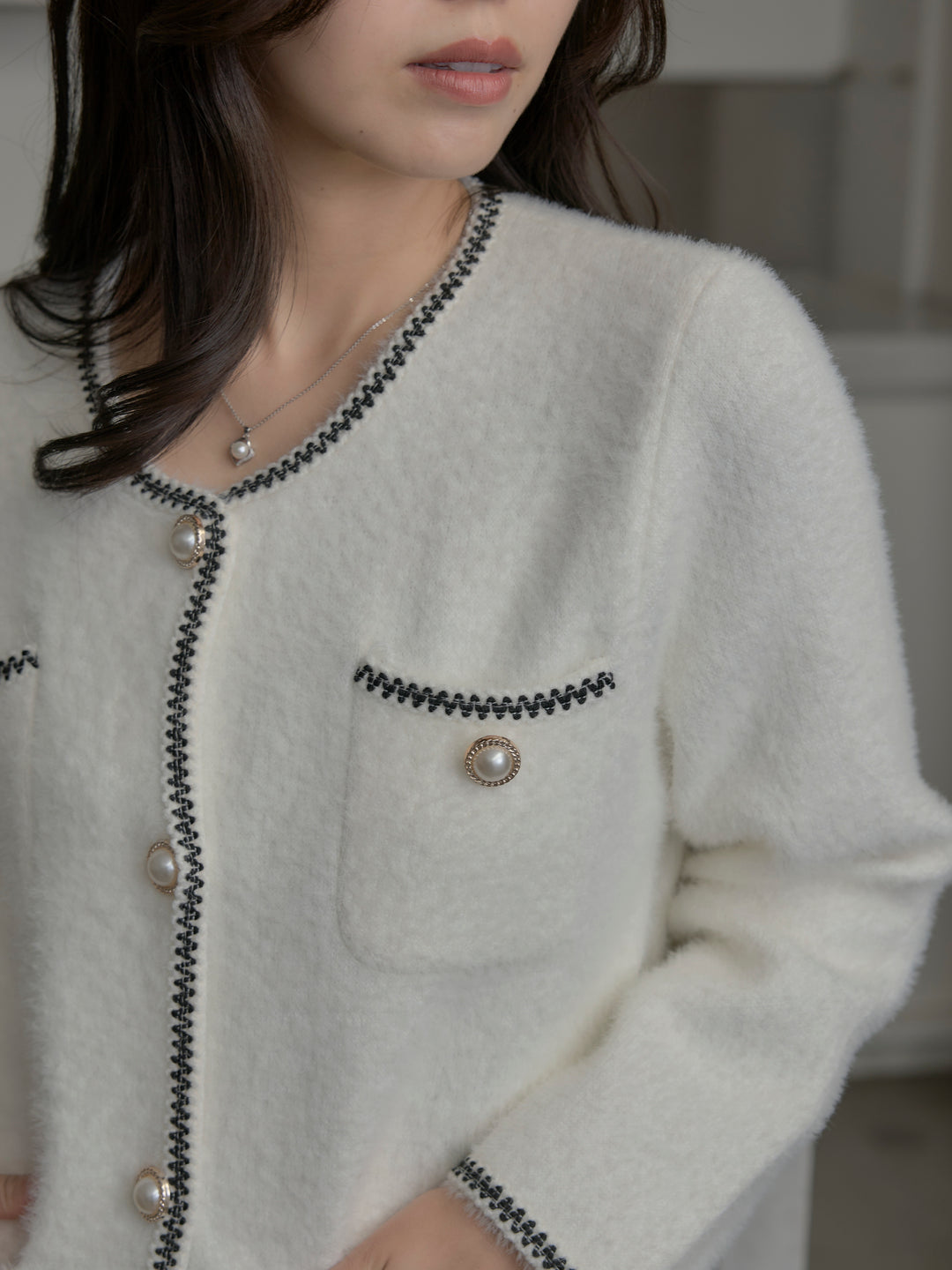 モヘアタッチパールボタンニットカーディガン