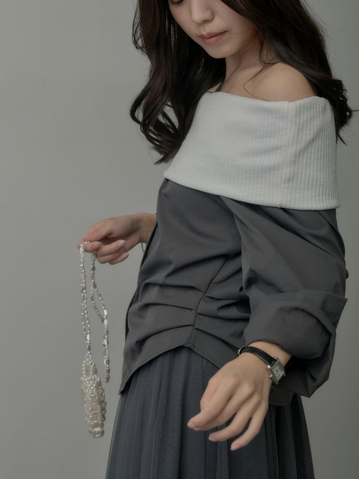 ニットシャツドッキングオフショルトップス
