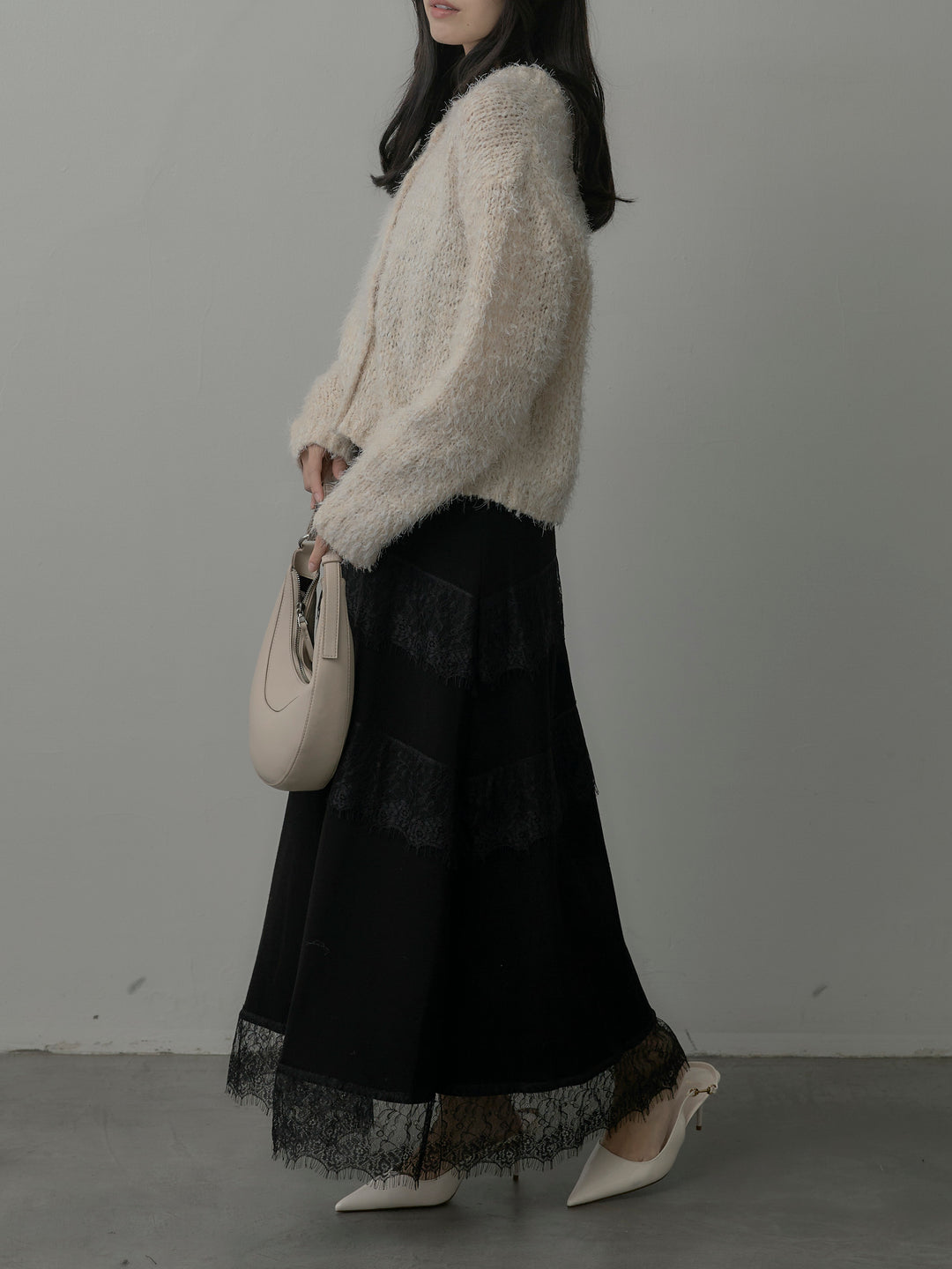 【SET】フェザーループニットカーディガン+レースデザインフレアスカート(2set)