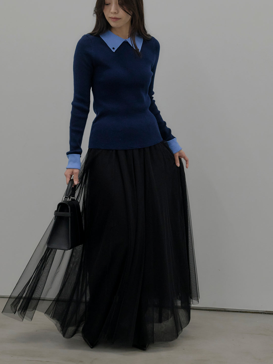 【SET】配色カフスニットポロ+ボリュームチュールスカート(2set)