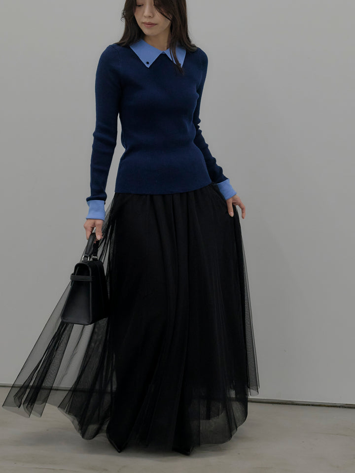 【SET】配色カフスニットポロ+ボリュームチュールスカート(2set)