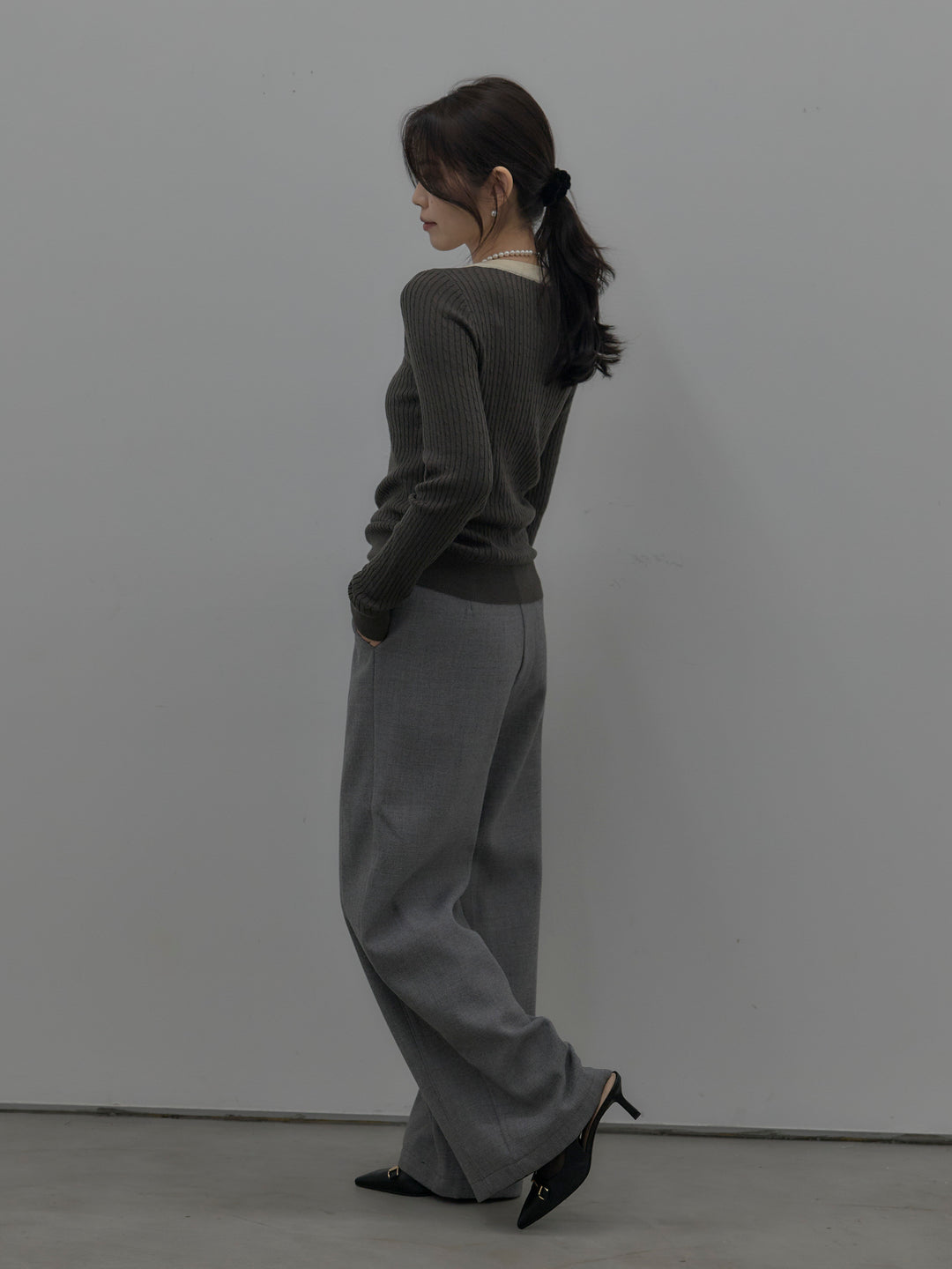 【SET】配色ケーブル編みニットトップス+裏起毛デザインワイドパンツ(2set)