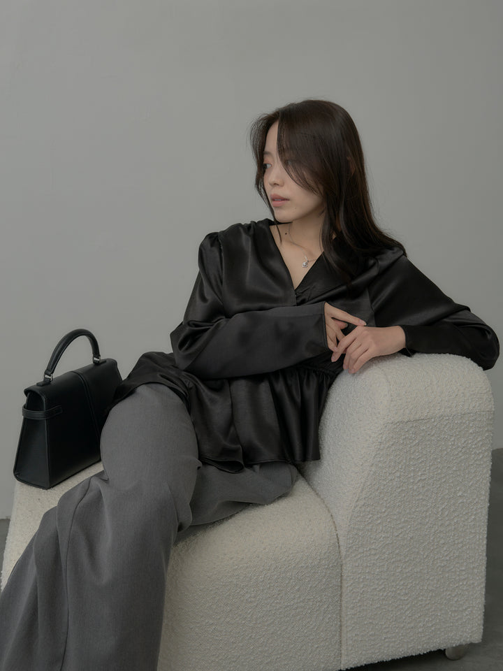 【SET】Vネックアシメサテンブラウス+【Essential】３タックスラックス(2set)