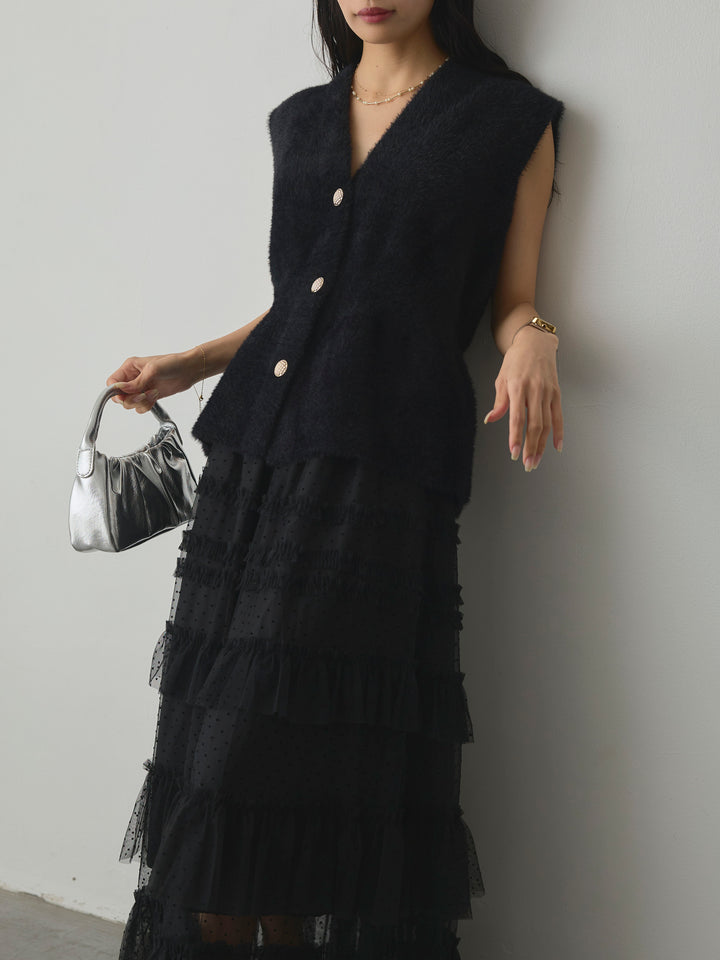 【SET】シャギーニットペプラムベスト+ドットチュールティアードスカート(2set)