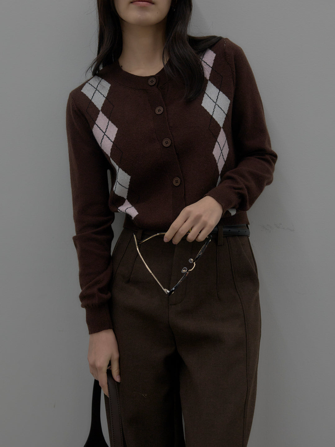 【SET】アーガイル柄ニットカーディガン+裏起毛デザインワイドパンツ(2set)