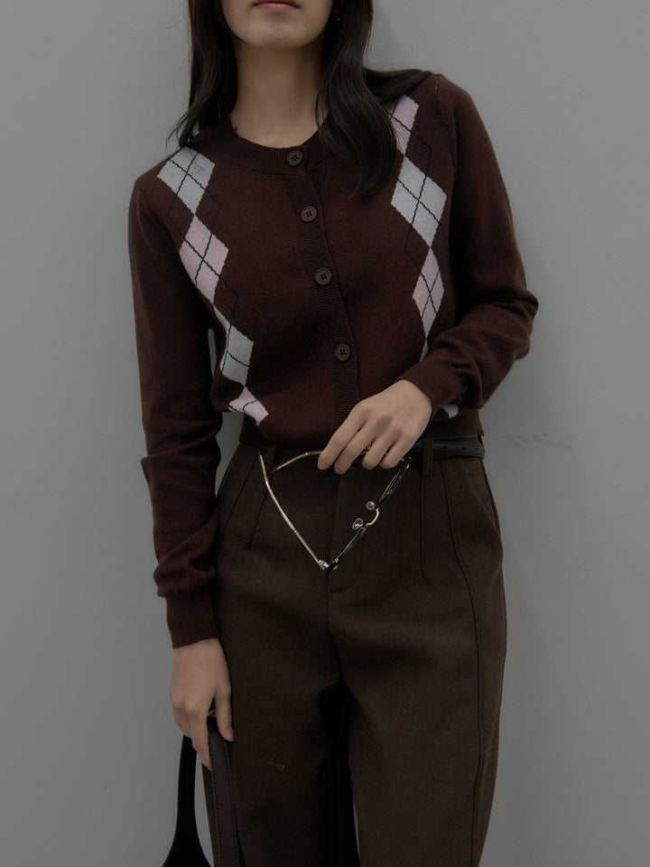 【SET】アーガイル柄ニットカーディガン+裏起毛デザインワイドパンツ(2set)