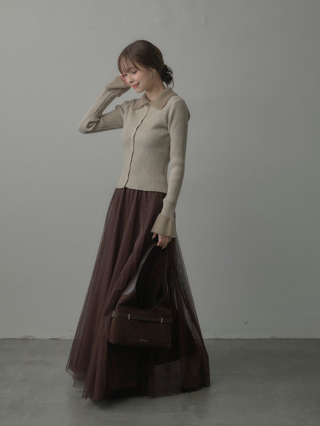 シャギー襟リブニットポロトップス