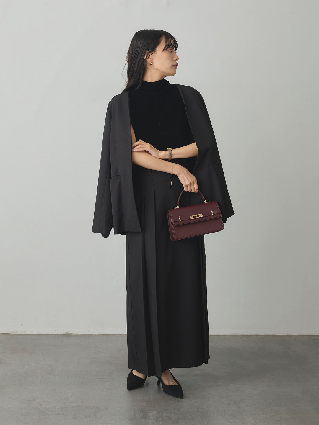 【SET】【Essential】フロントホックノーカラージャケット+【Essential】ベルト付きサイドタックスカート(2set)