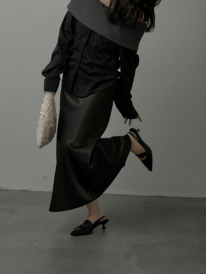 【SET】ニットシャツドッキングオフショルトップス+ヘビーサテンAラインスカート(2set)