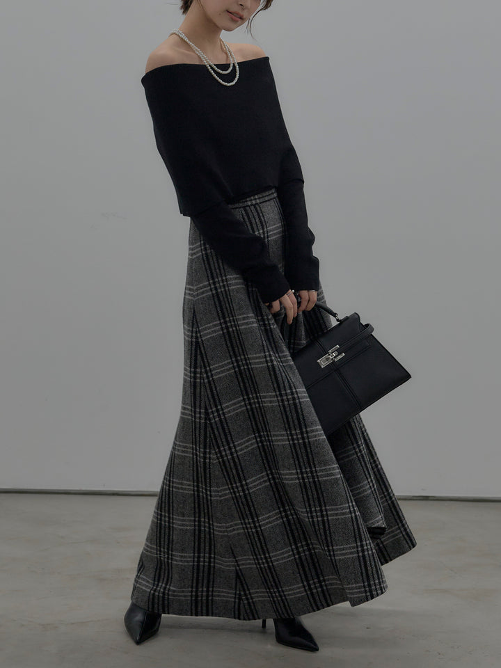 【SET】【premium touch】ソフトリブオフショルニットトップス+【Essential】クラシカルチェックウールタッチスカート(2set)