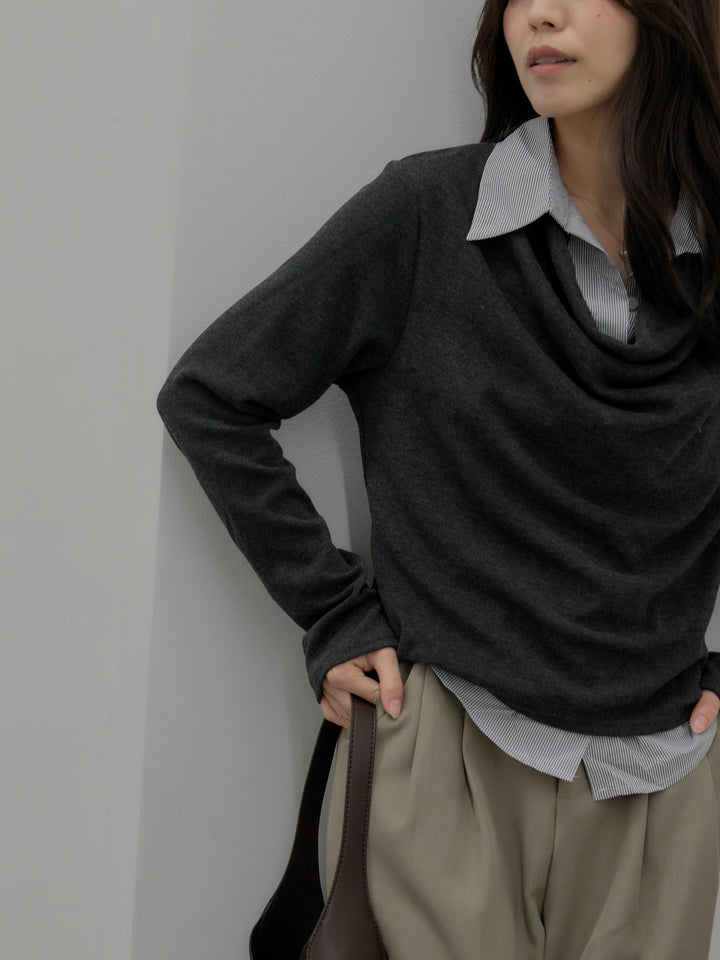 【SET】シャツレイヤードドレープニットトップス+デザインタックワイドパンツ(2set)