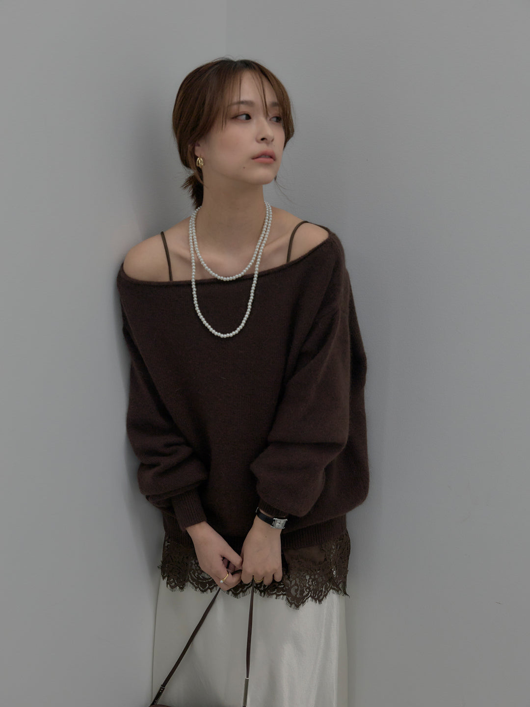 【SET】【premium touch】2wayショルダーニットプルオーバー+レースサテンキャミソール+ナローAラインサテンスカート(3set)