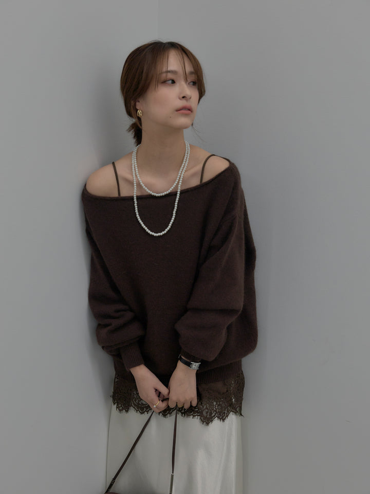 【SET】【premium touch】2wayショルダーニットプルオーバー+レースサテンキャミソール+ナローAラインサテンスカート(3set)