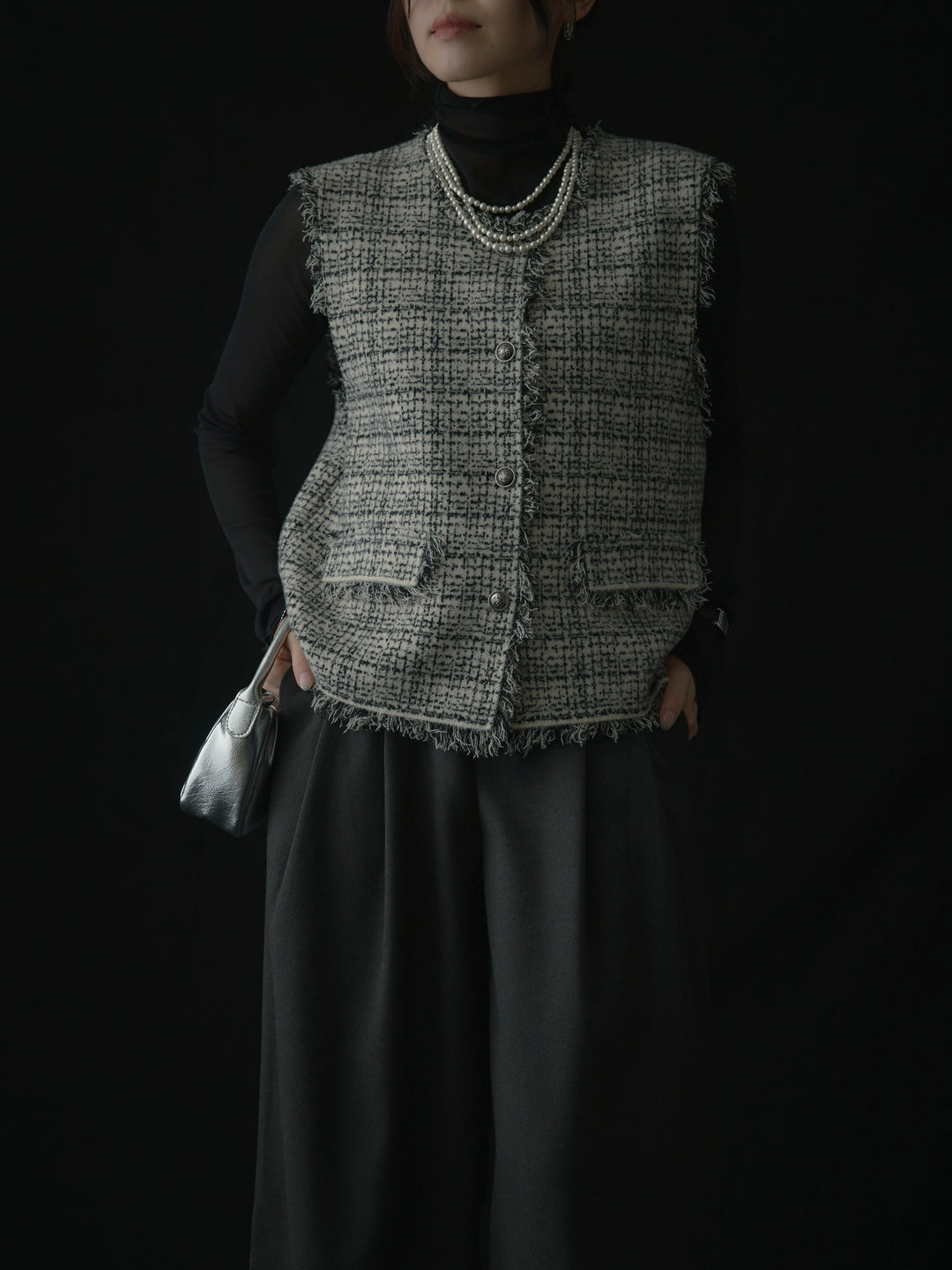 【SET】ツイードフリンジベスト+メロウフリルシアートップス+【ロープベルト付属】ウールタッチワイドパンツ(3set)