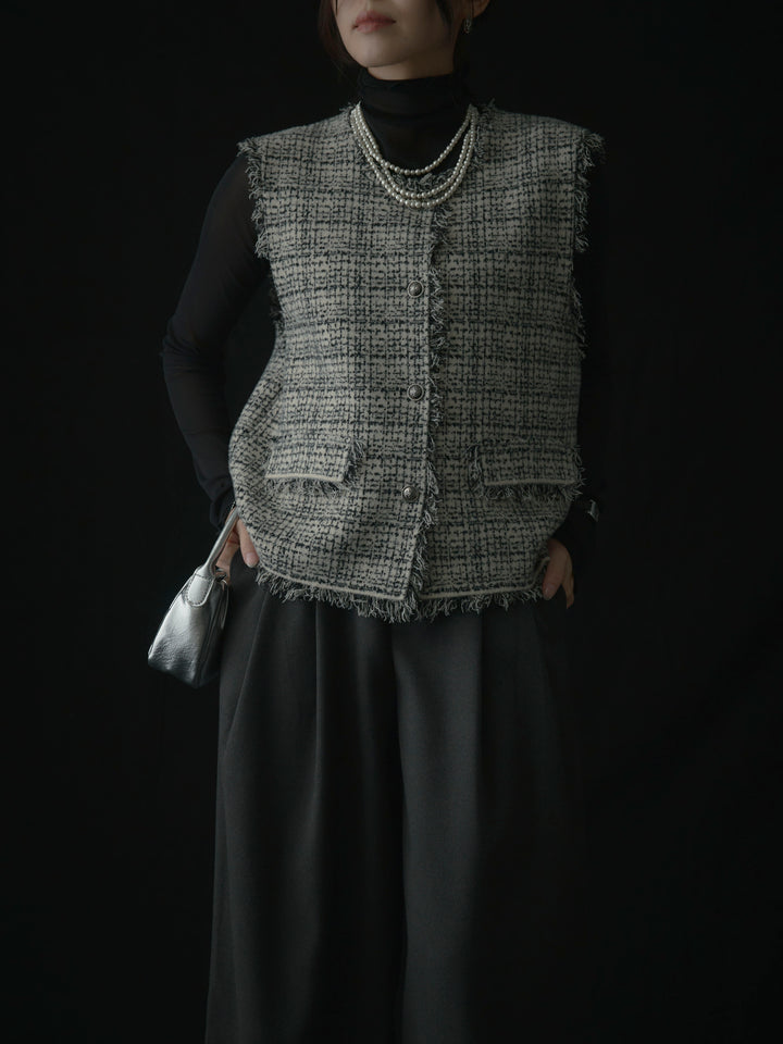 【SET】ツイードフリンジベスト+メロウフリルシアートップス+【ロープベルト付属】ウールタッチワイドパンツ(3set)