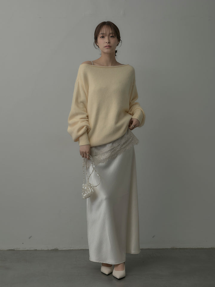 【SET】【premium touch】2wayショルダーニットプルオーバー+レースサテンキャミソール+ナローAラインサテンスカート(3set)