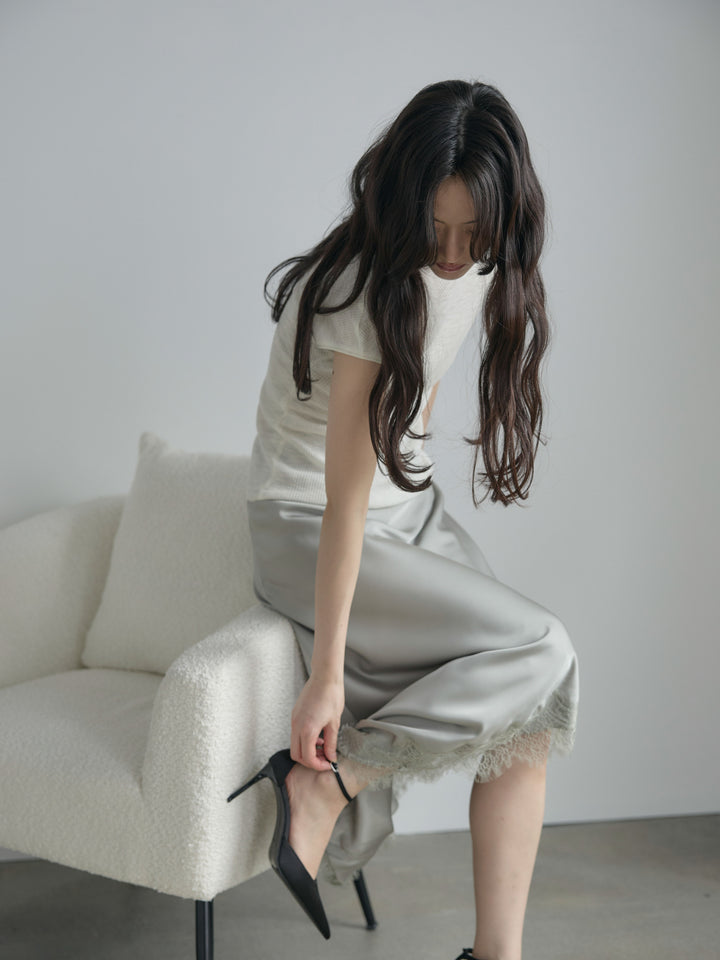 アシンメトリーレーストリムサテンスカート