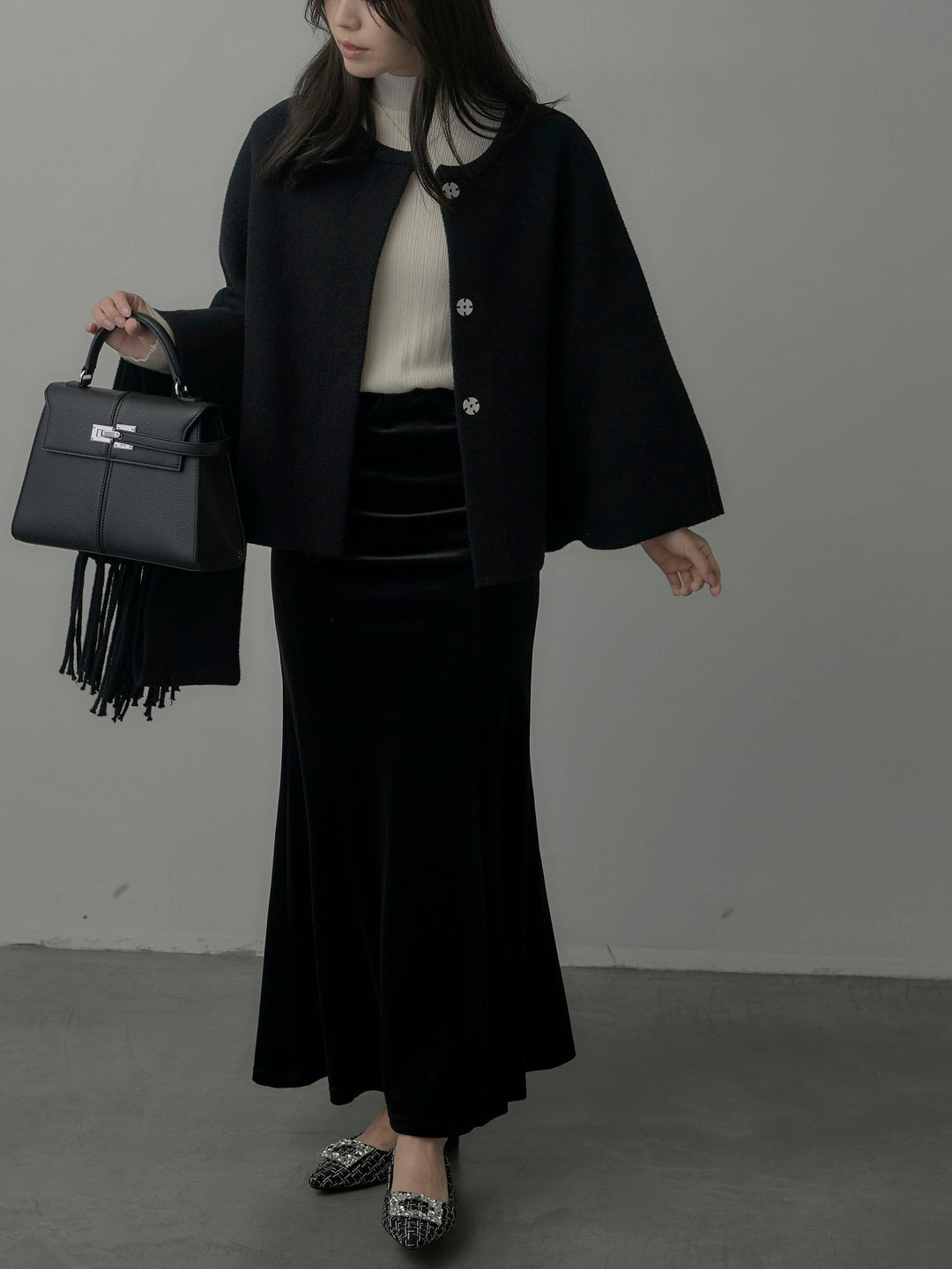 【SET】マフラー付き2WAYケープコート+リブニットタートルネック+ベロアマーメイドスカート(3set)