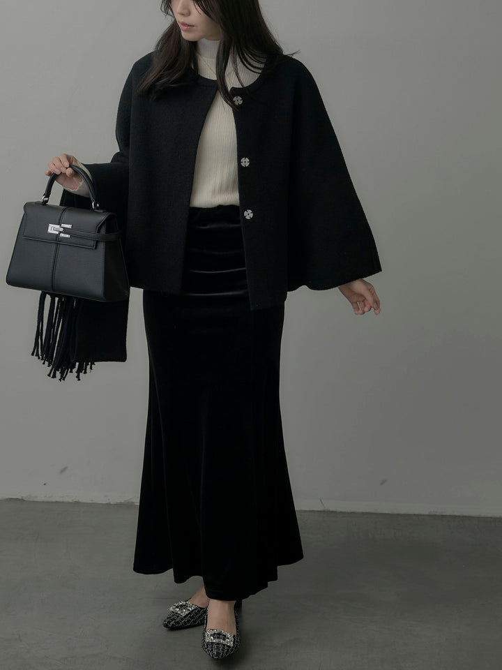 【SET】マフラー付き2WAYケープコート+リブニットタートルネック+ベロアマーメイドスカート(3set)