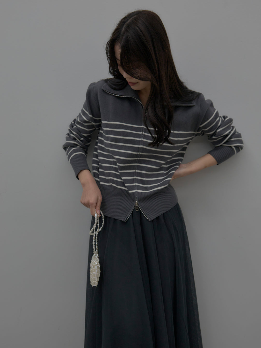 【SET】ダブルZIPハイネックボーダーニットトップス+ボリュームチュールスカート(2set)
