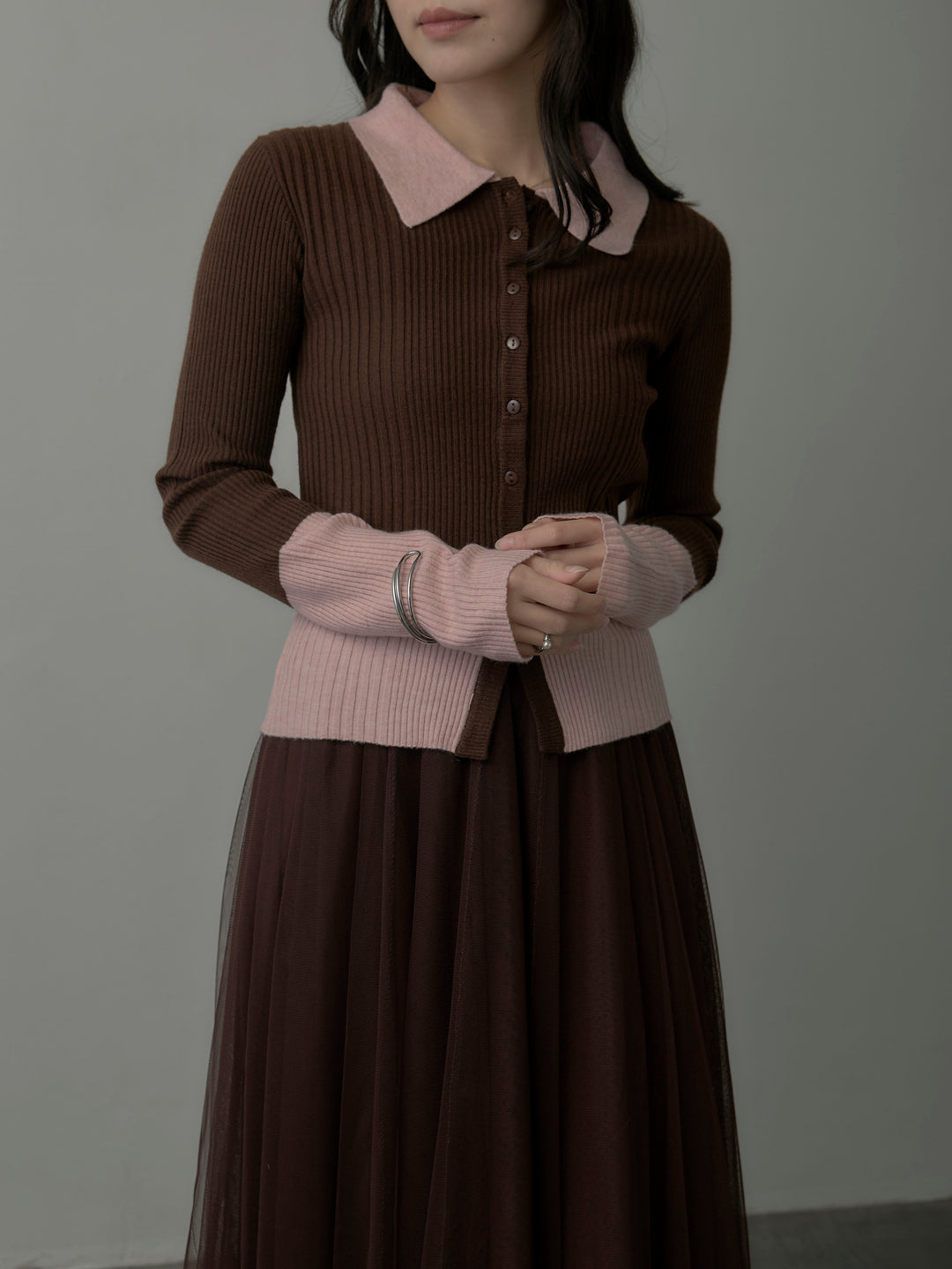 バイカラーリブニットポロトップス