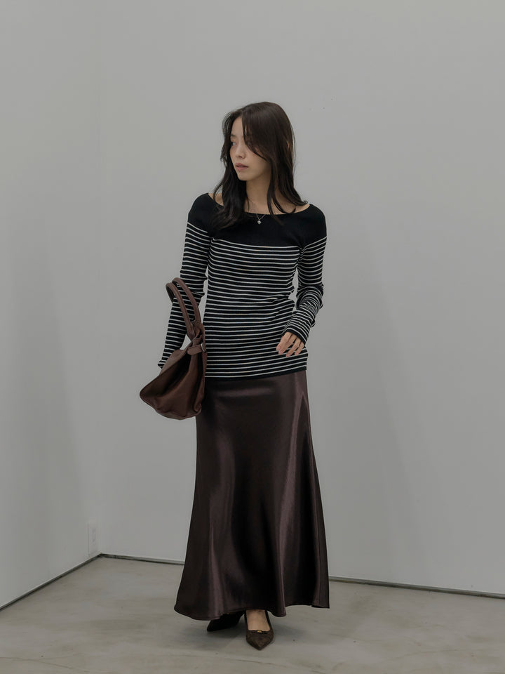 【SET】ハーフボーダーニットトップス+ナローAラインサテンスカート(2set)