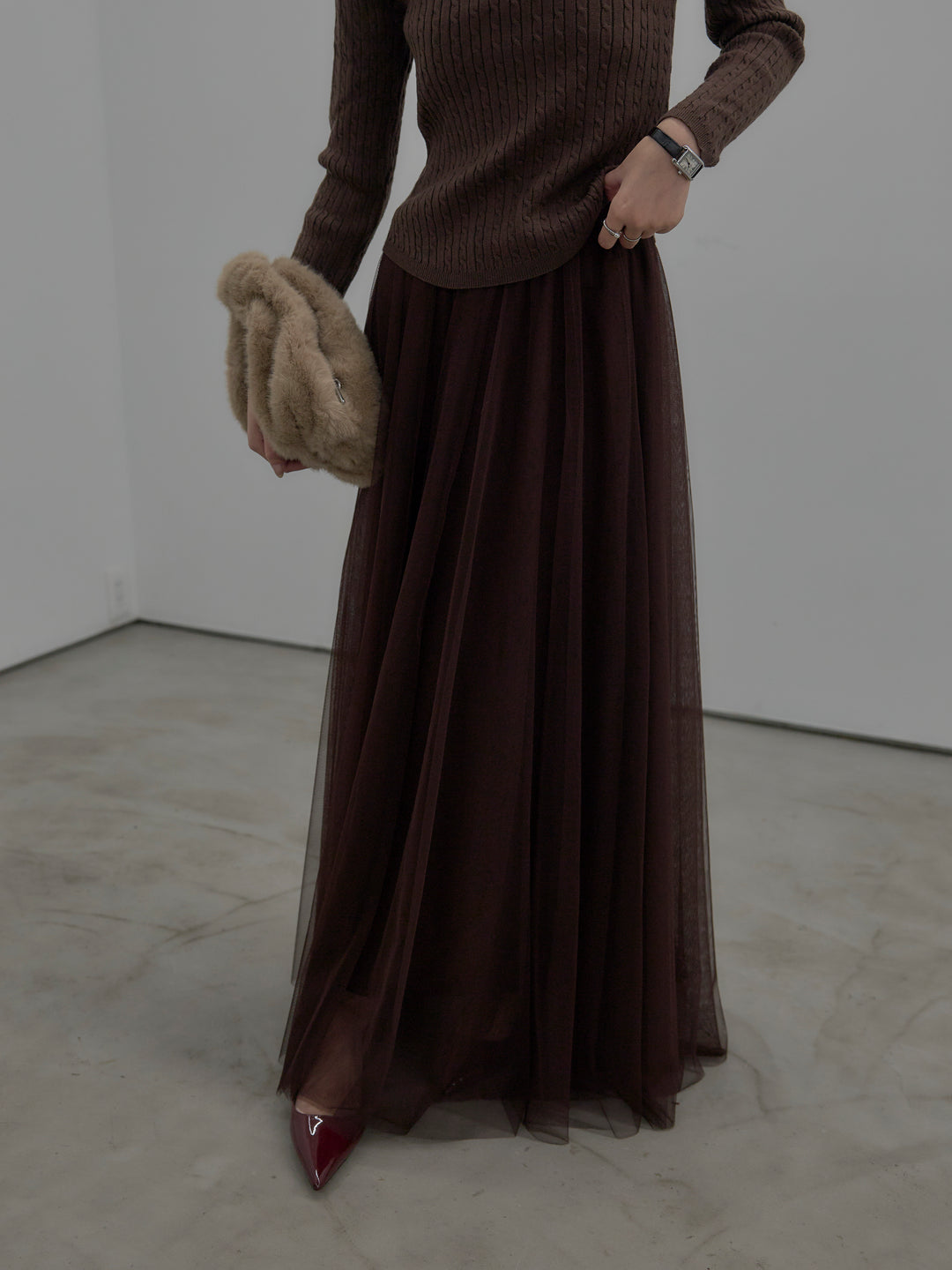 配色Vネックケーブルニットトップス