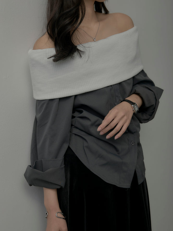 【SET】ニットシャツドッキングオフショルトップス+ベロアフレアロングスカート(2set)