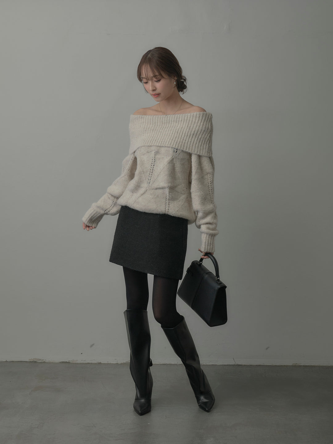 【SET】メランジニットオフショルトップス+ブークレ台形ミニスカート (2set)