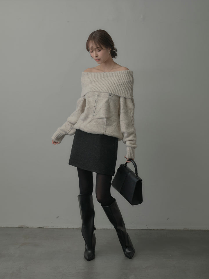 【SET】メランジニットオフショルトップス+ブークレ台形ミニスカート (2set)